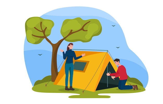 Vector people put up tent concept