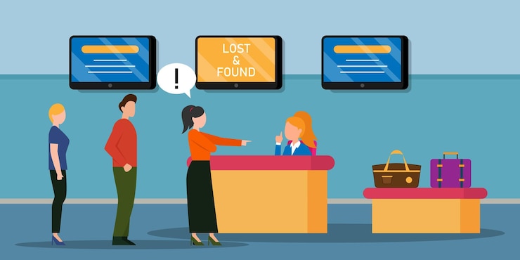 Vector people queue at airport terminal lost and found counter desk