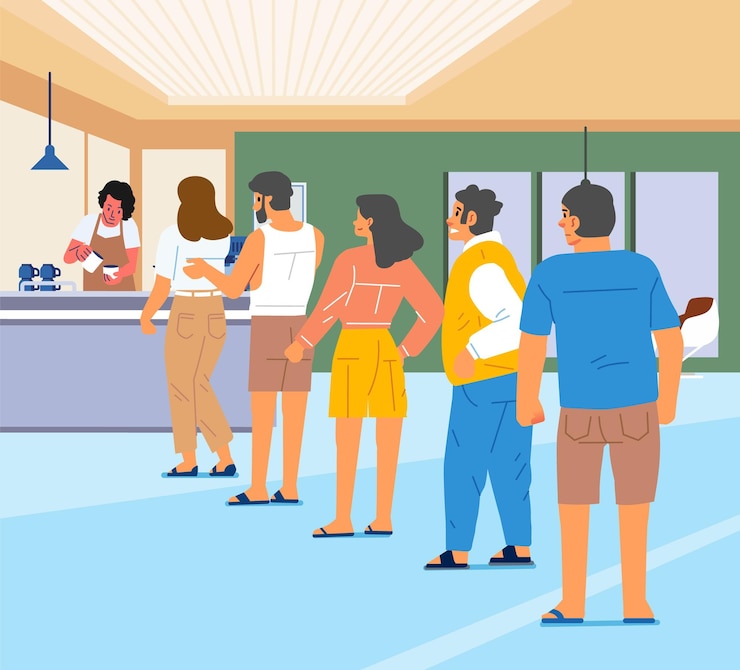 Vector people queue to order food and drink in modern coffehouse barista and customer coffee shop