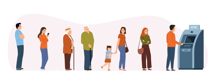 Vector people queue people standing in line to atm machine vector flat style cartoon illustration