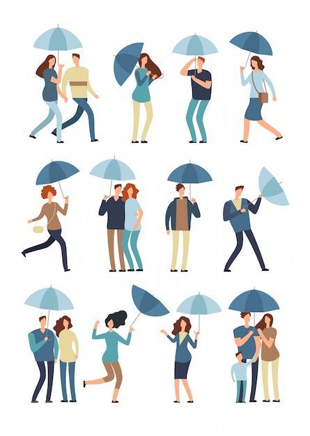 People in raincoat under rain  flat characters isolated