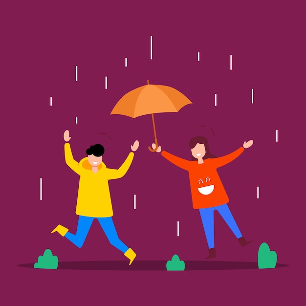 People On Rainy Day Flat Design Character Illustration