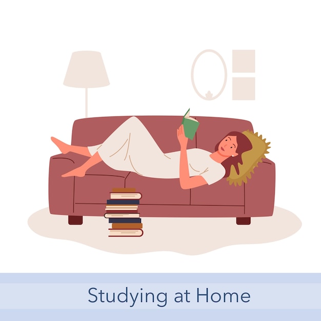 Люди читают и учатся, получают образование или хобби. мультфильм молодой читатель счастливая женщина студент персонаж, лежа на диване, девушка читает бумажные книги из дома