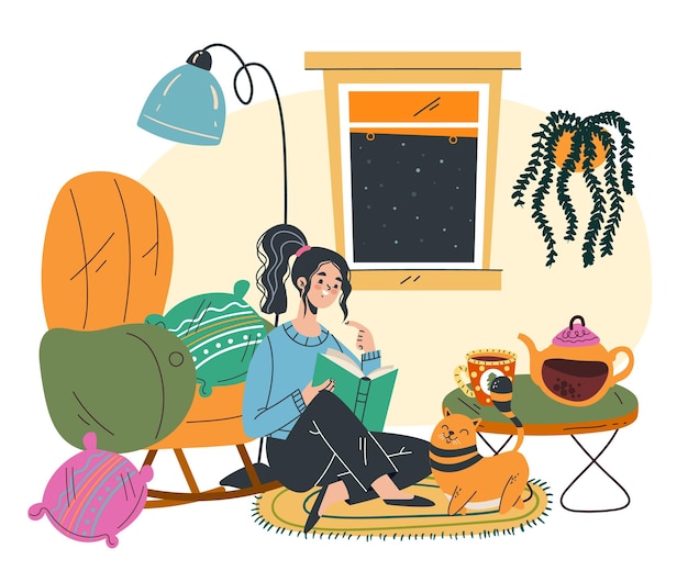 People read book on cozy sofa with cat and tea concept graphic design illustration