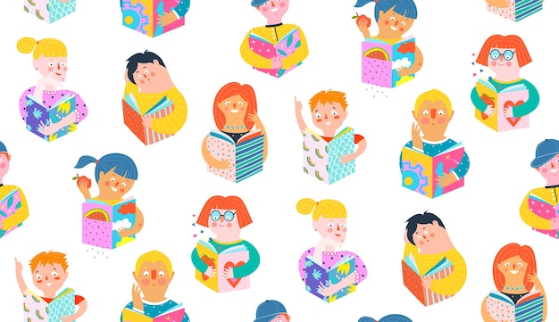 People reading  books, colorful seamless pattern.