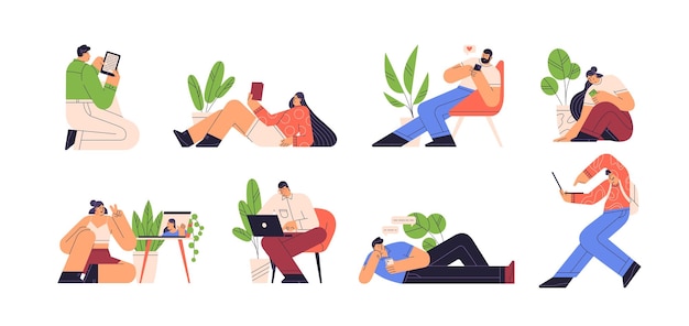 電子書籍を読んだり、ガジェットを使用したりする人はベクトル フラット イラストです。男性と女性のセットがチャットし、ビデオ通話をし、インターネットをサーフィンします。スマートフォン、ラップトップ、タブレットを持つキャラクター。