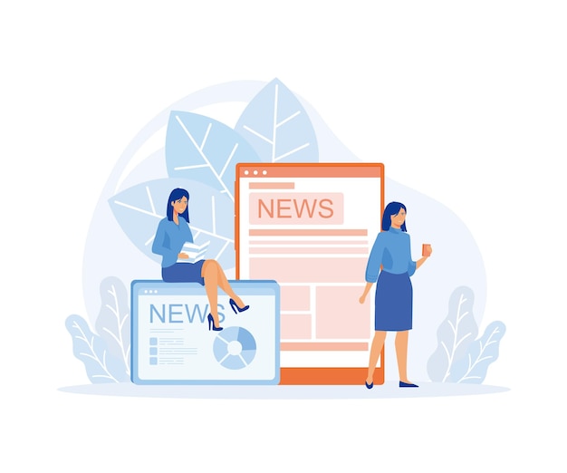 Vector people reading print newspaper using online news portal or website