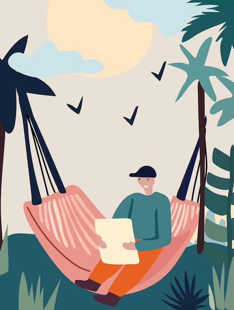 People reclining in coastal hammocks savoring sunny and read books and alfresco Vector