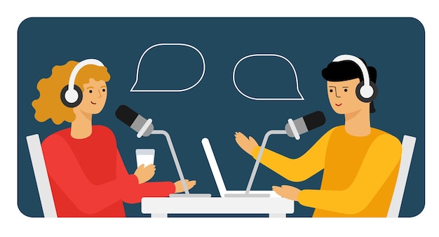 People recording audio podcast or online show vector flat illustration.