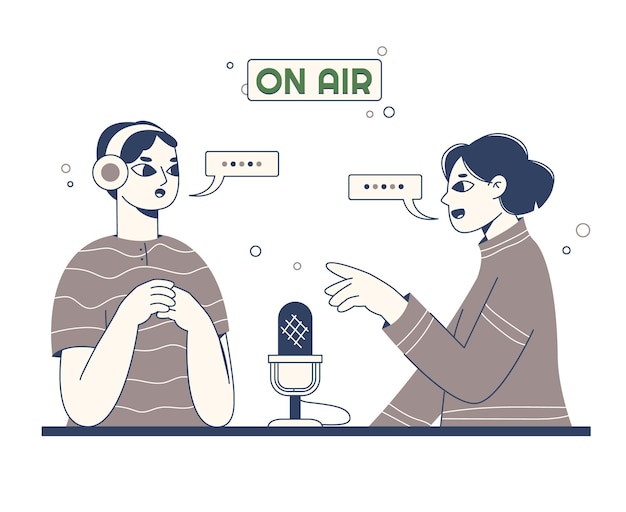 ポッドキャストラジオインタビュートーク放送ホストベクトルシンボルイラストを録音する人々