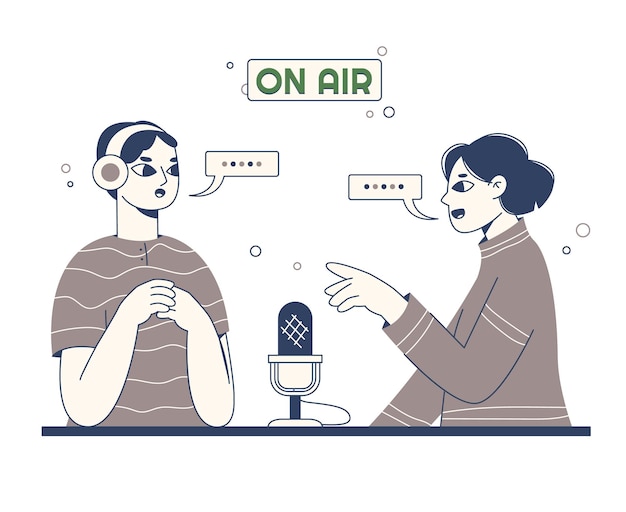 People recording podcast radio interview talk broadcast host vector symbols illustration