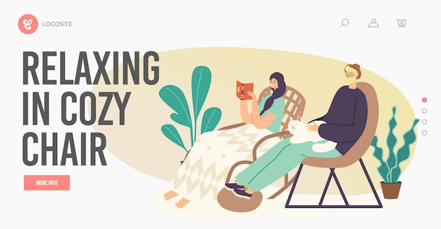people relax on cozy chairs landing page template. relaxed woman sit on wicker rolling chair or armchair at home read interesting book. man with cat on knees and ottoman. cartoon vector illustration