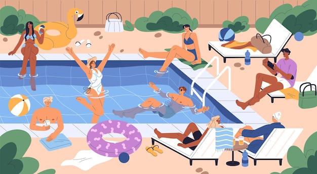 people relax in swimming pool on summer holiday vacation happy men women in bikini swimsuit sunbathing have fun in water have a rest on sunbeds at poolside with drinks flat vector illustration