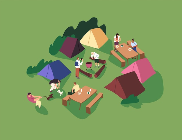 Vector people relax with tents on grass clearing in summer holidays women setting picnic table men play with dog outdoor friends communicate do barbecue in camping at nature flat vector illustration