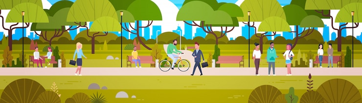 Vector people relaxing in beautiful urban park walking riding bicycle and communicating horizontal