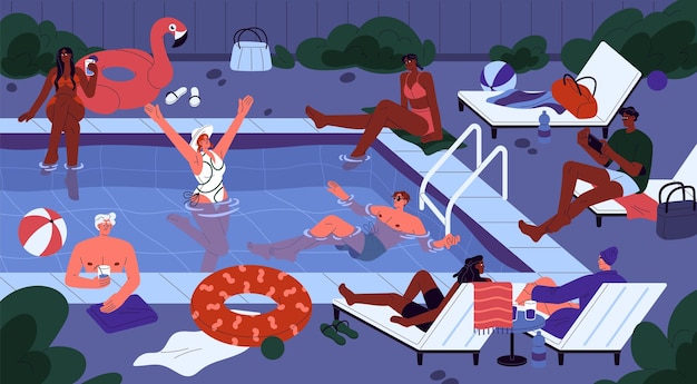 Vector people relaxing by water pool at night young men women resting at nighttime party on summer holiday weekend swimming chilling on deck chairs summertime leisure flat vector illustration