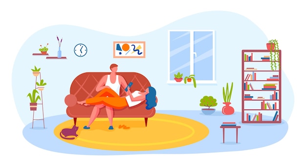 People relaxing at home Couple lying on sofa woman reading book man looking at girlfriend Characters spending leisure time together and having rest Room interior with bookshelf and plants vector