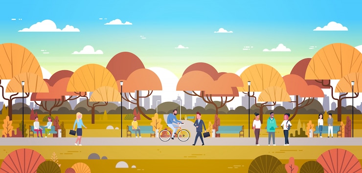 Vector 街のスカイラインの上を歩く秋の都市公園で屋外でリラックスしている人々乗馬自転車と通信