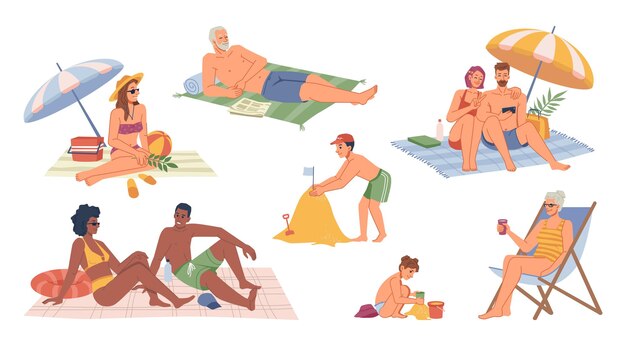 Vector people relaxing on seashore summer vacation set