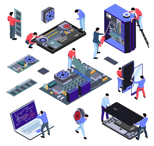 Vector people repairing technology illustration set