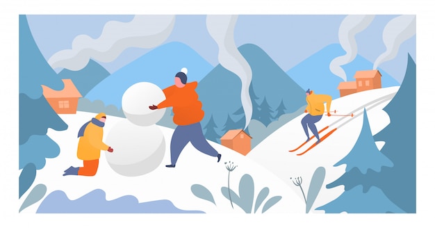 People rest mountain winter sport, character male female making snowman and sportsman skier down alpine   illustration.