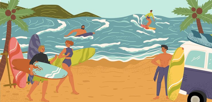 Люди отдыхают на берегу моря, наслаждаясь серфингом, водной деятельностью, векторной иллюстрацией, летними волнами с досками для серфинга, тропическим гавайским образом жизни, экзотическим курортом на пляже.