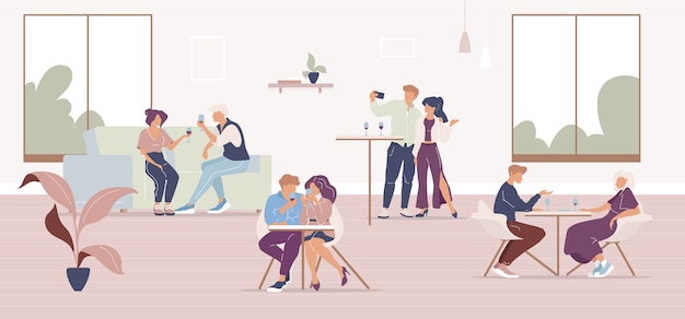 People in restaurant flat color illustration