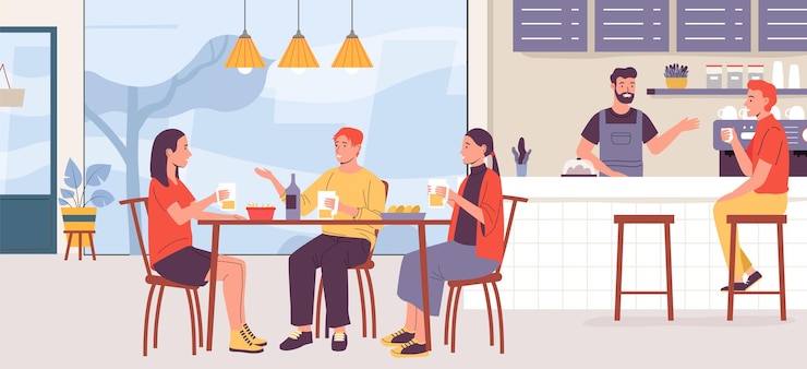 Vector people in restaurant friend drink beer in pub