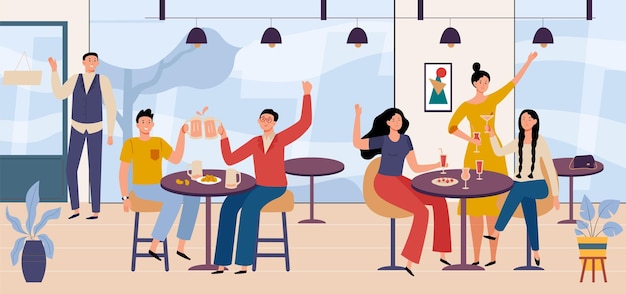 Vector people in restaurant party with beer or wine