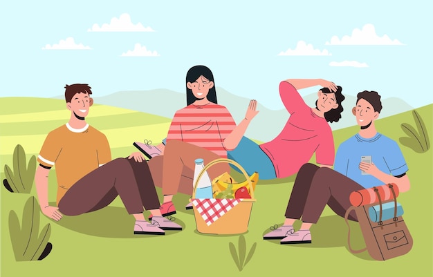 Vector people resting outdoor concept men and women with basket of food at picnic active lifestyle and