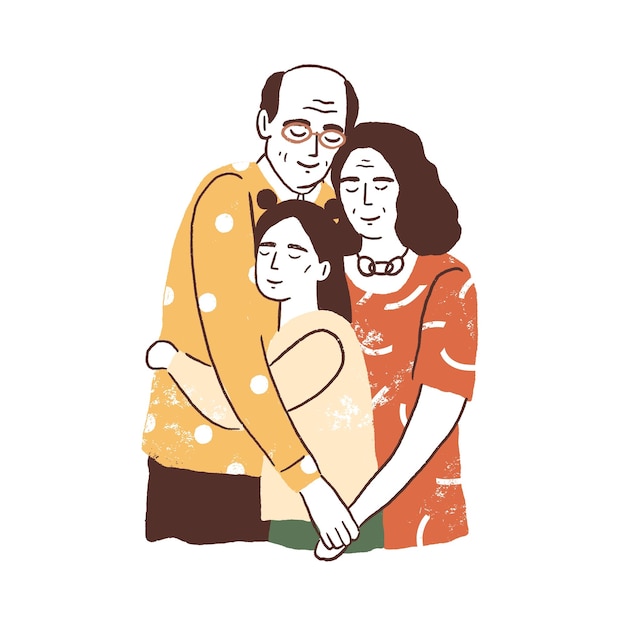 People reunion concept. Aged parents or grandparents embracing their daughter or granddaughter. Supporting happy family relationships. Flat textured vector illustration isolated on white background.