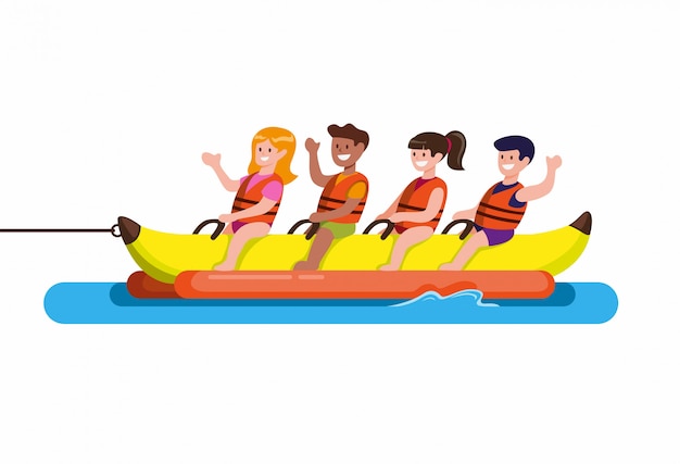 Люди катаются на банановой лодке, водные виды спорта на пляже. мультфильм плоской иллюстрации вектор изолированные