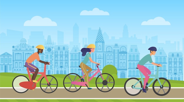 people ride bicycles on city road urban metropolis cityscape panorama with cyclists