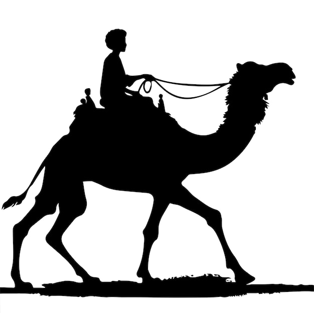 People ride camels with a simple silhouette