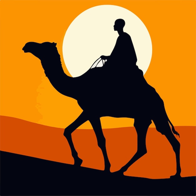 People ride camels with a simple silhouette