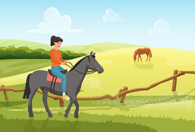 사람들은 여름 시골 목장 풍경에서 말을 타고 젊은 여자 기수 라이더 승마 말