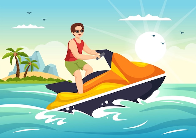 People Ride Jet Ski Illustration Summer Vacation Recreation and Beach Activity in Hand Drawn