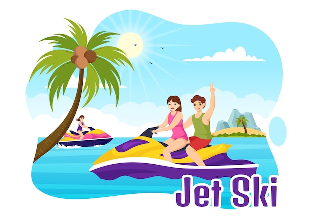 People ride jet ski vector illustration summer vacation recreation and resort beach activity