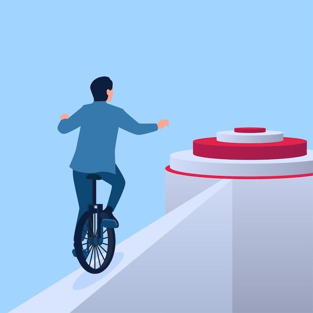 People ride one wheel towards target via narrow road business challenge metaphor