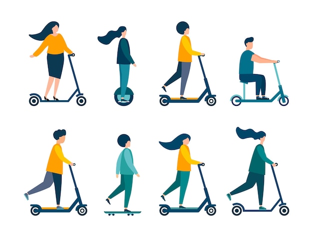 People ride scooters. modern illustration. flat vector. isolated on white background.