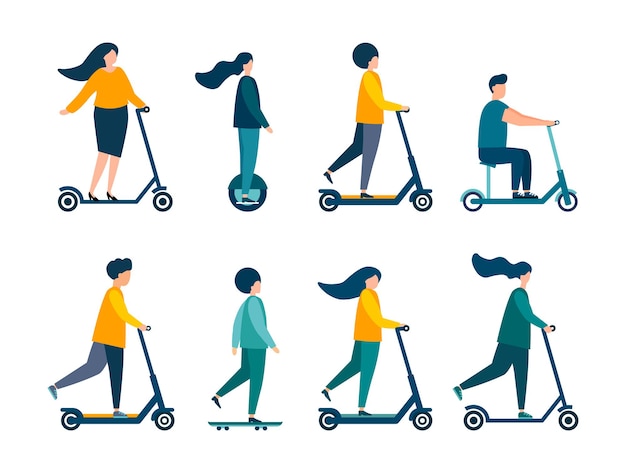 Vector people ride scooters. modern illustration. flat vector. isolated on white background.