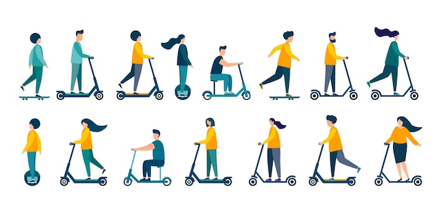 La gente va in scooter. illustrazione moderna. vettore piatto. isolato su sfondo bianco.