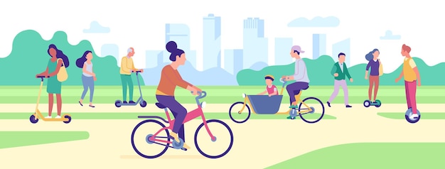 La gente guida il trasporto nel parco. gli abitanti guidano veicoli ecologici. ciclisti. uomini e donne che spostano scooter elettrici. ricreazione estiva. attività all'aperto. traffico urbano. concetto di vettore