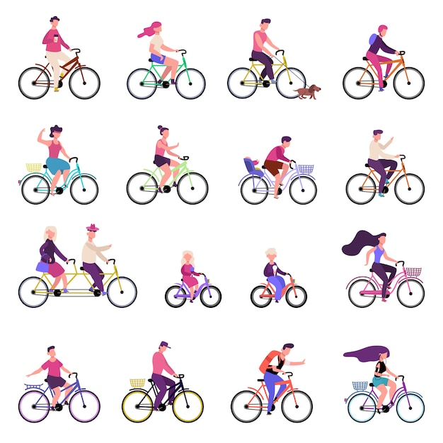 Persone che vanno in bicicletta. attività all'aperto, gruppo di persone che vanno in bicicletta, andare in bicicletta, insieme dell'illustrazione di stile di vita sano della famiglia attiva. bicicletta e giro in bicicletta, uomo donna all'aperto attivo