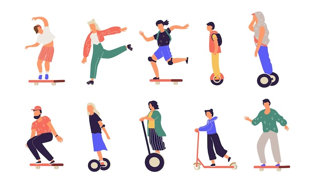 Persone che cavalcano. personaggi dei cartoni animati su monopiede monopiede monopiede monopattino elettrico e hoverboard. trasporto urbano moderno di vettore.