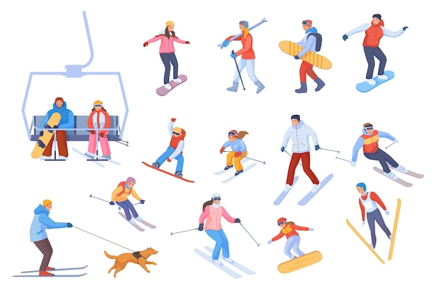 Люди катаются на лыжах и сноубордах мультяшные лыжники семейные сноубордисты зимний спорт горный курорт спуск по склону фрирайд на кресельной канатной дороге снежный склон туристическая деятельность шикарный вектор