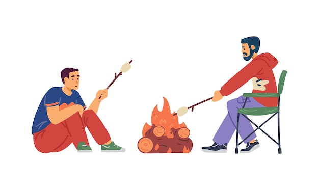 People roasting marshmallow at campfire flat vector illustration isolated