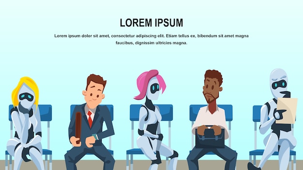 People and robot sit in queue for job interview