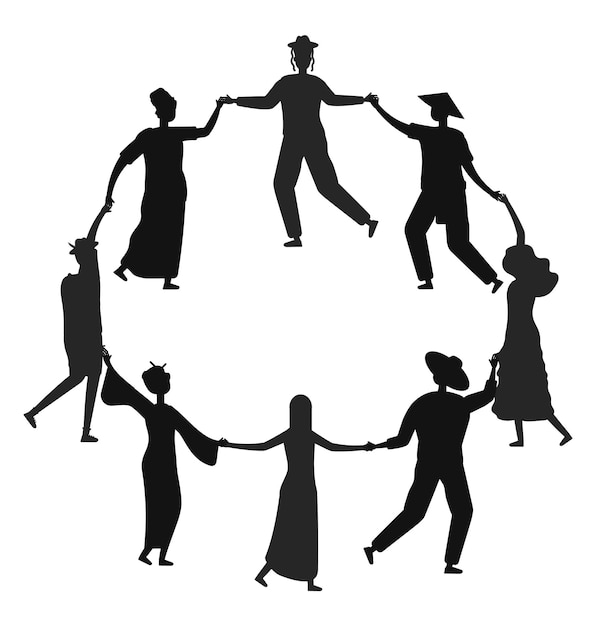 People round dance adults friends circle dancing Vector Silhouettes