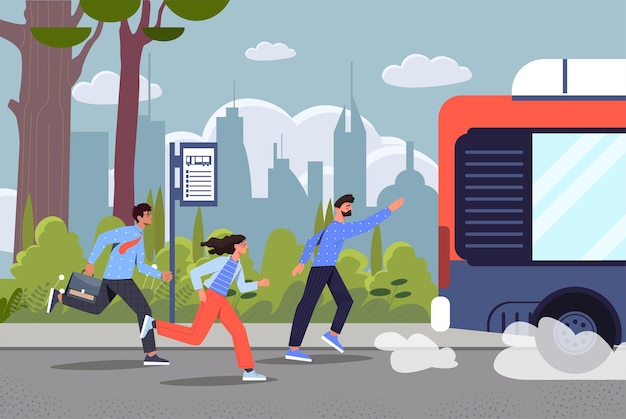 People run behind bus concept